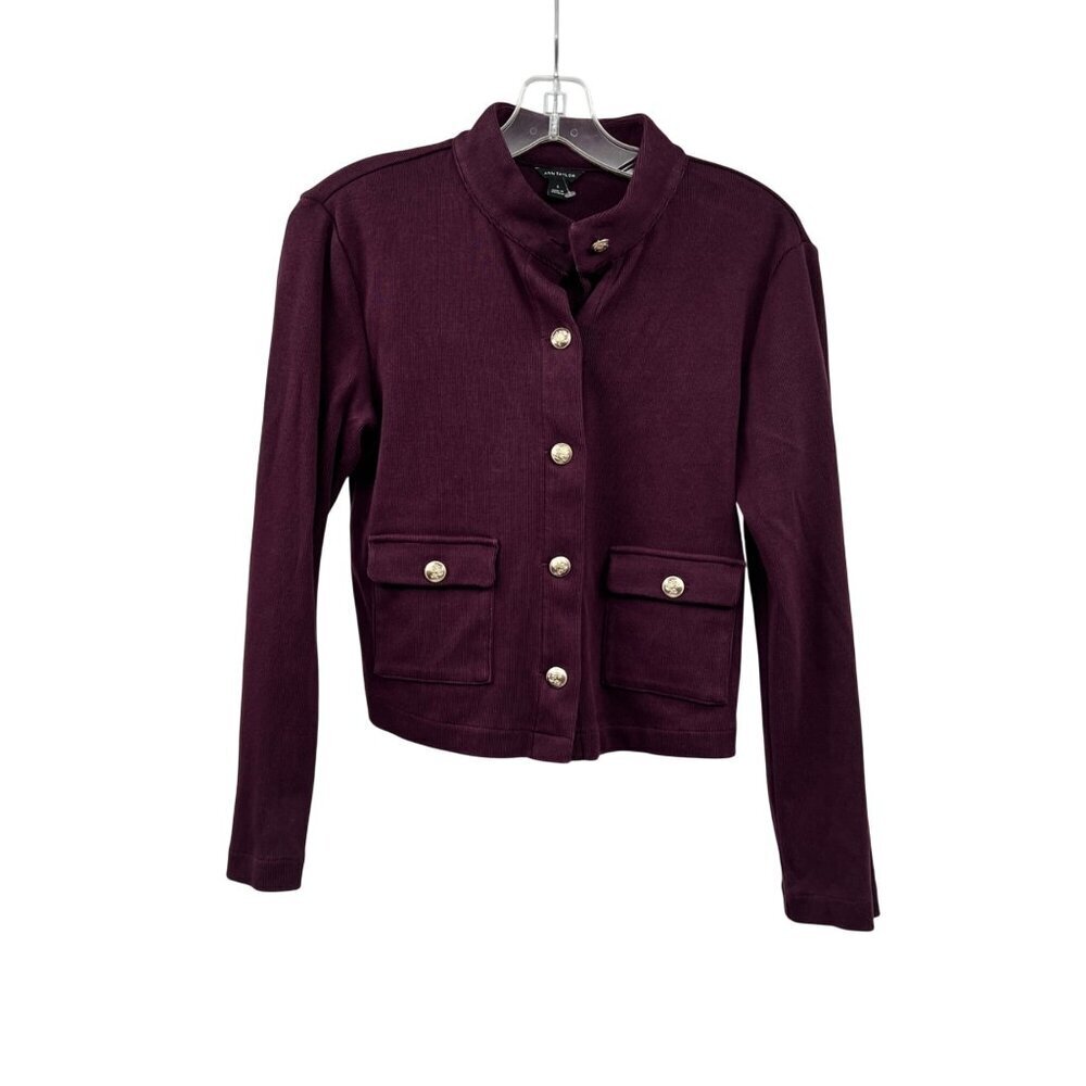 Ann Taylor Womens Cropped Sweater Jacket Gold Buttons Long Sleeve Maroon Small